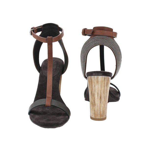 Brunello Cucinelli Shoes - Brunello Cucinelli T Strap Sandals Heels Womens 37 7 Brown Black Monili Trim